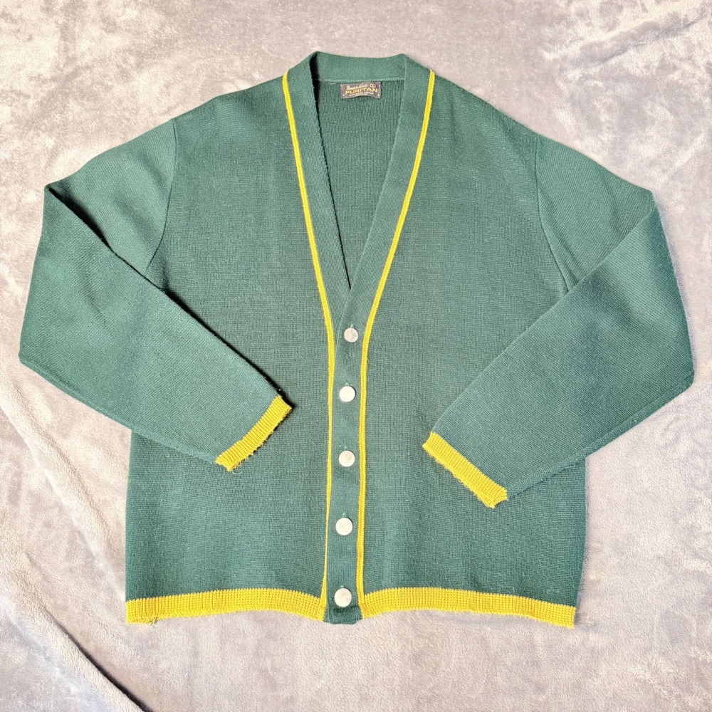Vintage L Puritan Double Knit Cardigan Sweater Green Yellow Trim Orlon USA